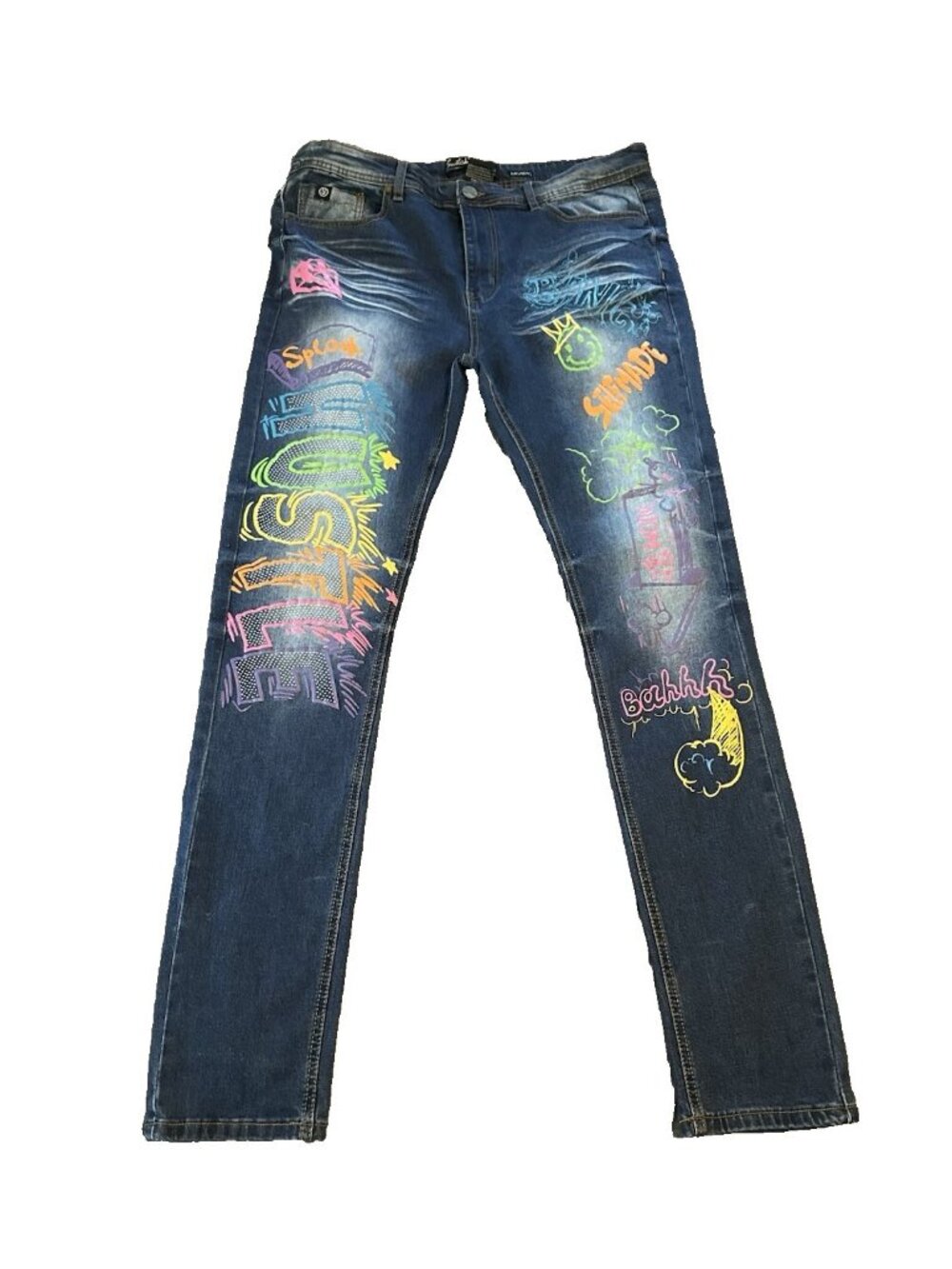 Streetwear Switch Remarkable Womens Jeans 38x34 Graffiti Graphic Slim Taper Y2K